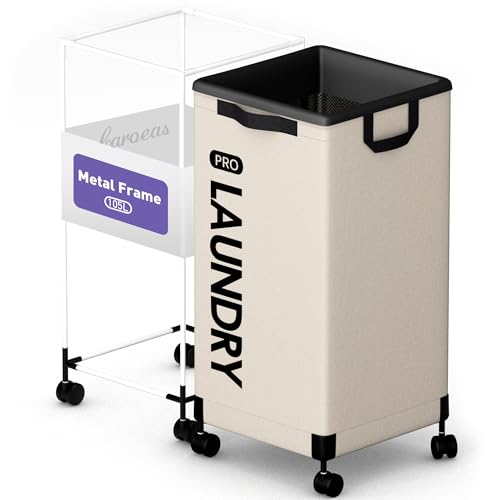 Caroeas Next-Gen 105L Matel Frame Laundry Basket with wheels, Heavy Duty Tall Rolling Laundry Hamper with Removable Wash Bag, Collapsible Freestanding Clothes Hamper (100L,Beige,1Pack) - color: Beige