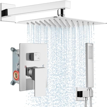 Midanya Shower Faucet Set with Handheld Sprayer,12 Inch,Polish Chrome | Rough-in Shower Valve and Trim Kit Included,Square Rain Head,Wall Mount Shower System,All Metal,Bathroom - color: Chrome, size: 12 Inch