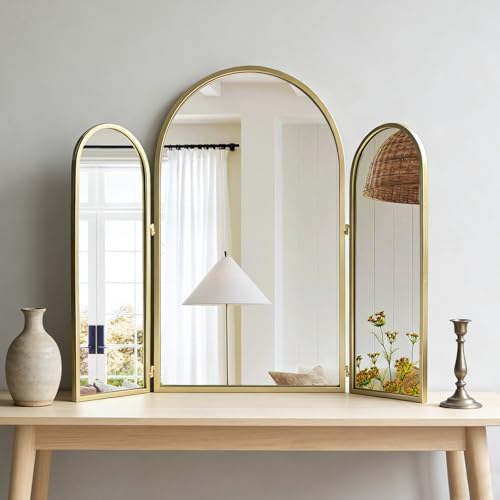 BAODANFU Gold Trifold Vanity Mirror, 3 Way Mirror for Makeup Room, Dressing Room, Bedroom, Bathroom, Three-Way Mirrors Over Bathroom Sink, Decorative Mirror for Mantle - color: Light Gold
