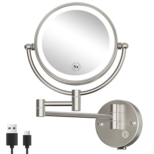 Wall Mounted Lighted Makeup Mirror, 1/5X Magnifying, Brass Brushed Nickel | Double Sided, Touch Dimming, 3 Color LED Lighting, 8 Inches, 360 Swivel, Extension Arm, Bathroom Vanity Shaving, Rechargeable - color: Brushed Nickel