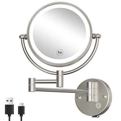 Wall Mounted Lighted Makeup Mirror, 1/5X Magnifying, Brass Brushed Nickel | Double Sided, Touch Dimming, 3 Color LED Lighting, 8 Inches, 360 Swivel, Extension Arm, Bathroom Vanity Shaving, Rechargeable - color: Brushed Nickel
