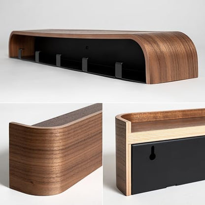 Kazai. Wall-Mounted Coat Rack 'Toke' - Modern Design Coat Rack with Hidden Wall Hooks - Solid Wood Veneer Panel Coat Hanger - Walnut - color: Walnut, size: 5 Hooks