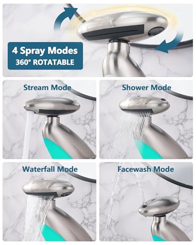 Pull Out LED Bathroom Faucet, 4 Modes Single Handle Waterfall Bathroom Sink Faucet, 3 Colors Light Changing Stainless Steel Bath Faucets, 360° Rotating LED Faucets 1 Hole, 1 Pack, Brushed Nickel - color: Brushed Nickel