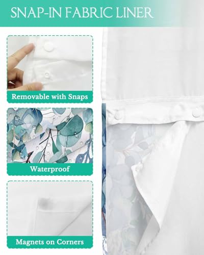 No Hook Shower Curtain and Snap in Liner Set, Blue Green Eucalyptus Fabric Bathroom Stall Shower Curtains 54x78, See Through Mesh Top Window, Spring Summer Botanical Floral Leaves Country Hotel Style - color: Blue Green, size: 54"W x 78"L (Pack of 1)