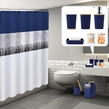 24PCS Bathroom Sets with Shower Curtain and Rugs, Navy Blue Bathroom Accessories Set Navy Blue Shower Curtain Set Bathroom Accessories with Bathroom Trash Can - size: Bath Set+Shower Curtain+Bath Rugs, style: Navy Blue