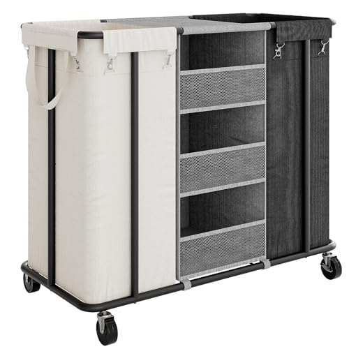 WOWLIVE Laundry Sorter 2 Section, 200L Rolling Laundry Hamper with Wheels | Laundry Cart with Steel Frame, Laundry Basket with Hanging and Removable Bag, Storage Unit Basket Organizer for Dorm - color: Beige and Black, size: 200L (35.4×16.1×31.5in)