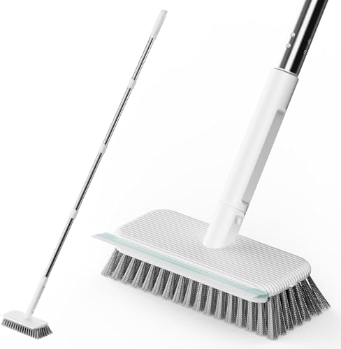 AIR U+ Concrete Scrub Brush, Long Handle, 7-Row Wire Bristles, Squeegee | Removes moss, algae and tough buildup from patios, driveways, pavers and garage floors, focused control for edges and steps