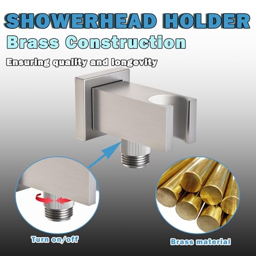 Bathroom Brass Square Wall Mount Handheld Shower Head Holder Water Supply Elbows with On/Off Flow Control Bracket, Brushed Nickel - color: Brushed Nickel
