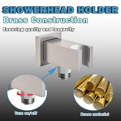 Bathroom Brass Square Wall Mount Handheld Shower Head Holder Water Supply Elbows with On/Off Flow Control Bracket, Brushed Nickel - color: Brushed Nickel