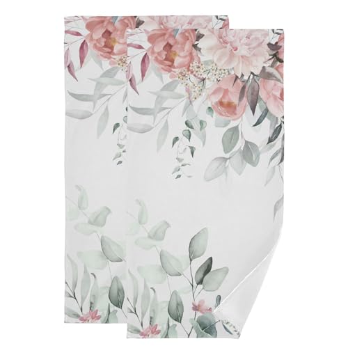 2 Pack Watercolor Pink Peach Floral Hand Towels for Bathroom,Absorbent Fingertip Guest Green Eucalyptus Leaves Decorative Bath Towels,Soft Chic Flower Dish Towels for Kitchen Decor 14"x28" - color: Pink Green