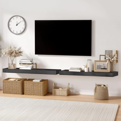 Solid Wood Floating Shelves, 36 Inch Wall Shelves, Set of 2, Black | 8 Inch Deep, 1.6 Inch Thick, Extra-Wide Display Space, Mounting Hardware Included, For Kitchen, Bathroom and Living Room - color: Black, size: 36x8x1.6