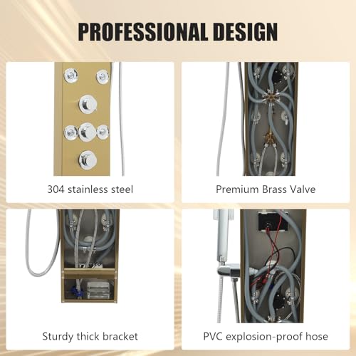 6-in-1 LED Shower Panel Tower System with 8 Adjustable Body Jets, Rainfall & Waterfall Shower, Smart Temperature Display, 59" Hose, Brushed Gold Stainless Steel, Wall Mounted - color: Gold