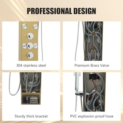 6-in-1 LED Shower Panel Tower System with 8 Adjustable Body Jets, Rainfall & Waterfall Shower, Smart Temperature Display, 59" Hose, Brushed Gold Stainless Steel, Wall Mounted - color: Gold