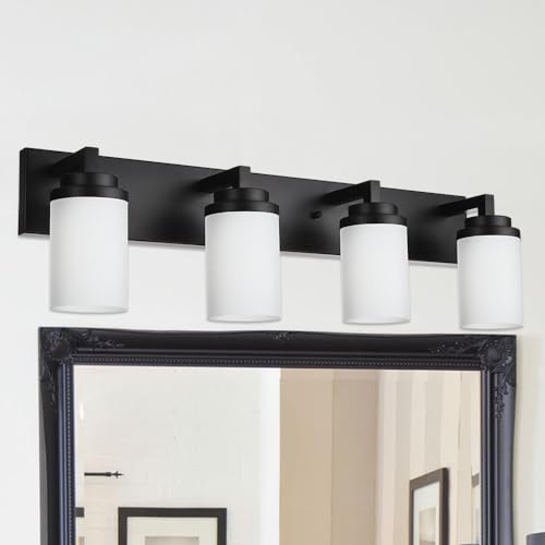TODOLUZ 4-Lights Bathroom Light Fixtures in Matte Black, Modern Opal White Glass Vanity Light E26 Bulb Base, Wall Mount Lighting for Bedroom Bath Living Room - color: Black, size: 4-Lights