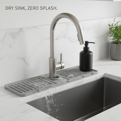 Silicone Faucet Splash Guard Mat，13 x 3.35 Inches | Flexible Design ，Slot Design ，Multi-Scene Use ，Neat Countertop Helper - color: Gray