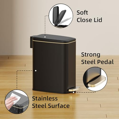 KSSKSS Small Bathroom Trash Can with Lid Soft Close, Step Pedal, 6L / 1.6 Gal Stainless Steel Garbage Bin with Removable Inner Bucket, Slim Wastebasket for Narrow Spaces (Black) - color: Black--P