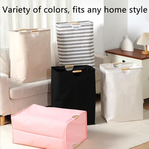 Collapsible Laundry Hamper Bag with Wooden Handles - 72L/19 Gallon Large Capacity Waterproof Oxford Cloth Storage Basket, Freestanding No Wire Frame, for Dorm Room, Bedroom, Bathroom (Max-Black) - size: Max-Black