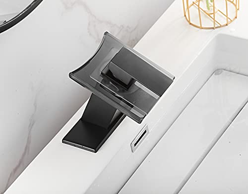 Black Bathroom Faucet Waterfall Spout and Single Handle Wide Glass Spout 1 Hole Faucet for Bathroom Sink Modern Bath Basin Faucet Lavatory Vanity | Bathroom Sink Modern Bath Basin Faucet Lavatory Vanity - color: Black, style: No Led light
