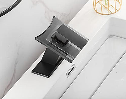 Black Bathroom Faucet Waterfall Spout and Single Handle Wide Glass Spout 1 Hole Faucet for Bathroom Sink Modern Bath Basin Faucet Lavatory Vanity | Bathroom Sink Modern Bath Basin Faucet Lavatory Vanity - color: Black, style: No Led light