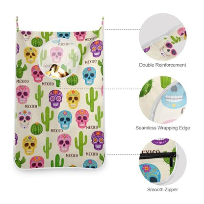 1PC Hanging Laundry Hamper Bag Over the Door Laundry Hamper Wall Hamper Large Dirty Clothes Hamper with Stainless Steel Hooks 29.5x20Inch Beige Boho Mexico Skulls Cactus - color: Beige Boho Mexico Skulls Cactus, size: 1 PC