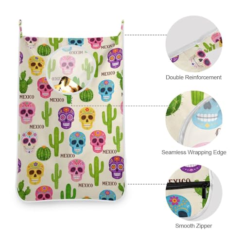 2PCS Hanging Laundry Hamper Bag Over the Door Laundry Hamper Wall Hamper Large Dirty Clothes Hamper with Stainless Steel Hooks 29.5x20Inch Beige Boho Mexico Skulls Cactus - color: Beige Boho Mexico Skulls Cactus, size: 2 PCS