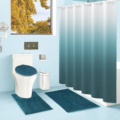 Shower Curtain Sets with Rugs and Adjustable Toilet Seat Cover | 4 Pcs Bondi Blue Bathroom Sets with Shower Curtain and Rugs and Microfiber Toilet Lid Cover - color: Bondi Blue