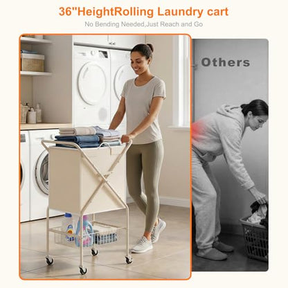 Laundry Basket with Wheels:88L Rolling Laundry Cart Foldable Metal Frame Dirty Clothes Laundry Hamper 36"H 4 Caster 2 Brake Waterproof Removable Liner Carry Handle for Dorm Laundry Room,Cream - color: Cream