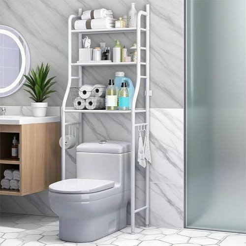 3-Tier Over the Toilet Storage, Metal Bathroom Shelve, Over Toilet Bathroom Organizer, Space Saver Bathrooms Shelve for Restroom Laundry Balcony, White - color: White, size: 3-Tier