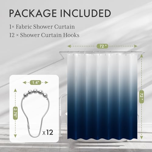 AmazerBath Shower Curtain, Cloth Ombre Blue Curtain Set with 12 Hooks, Washable Fabric Navy and White Curtain, Rustic Farmhouse Bathroom, 72x72 Inches - color: A- Blue Ombre +12 Metal Hooks, size: 72"W x 72"L (Pack of 1)