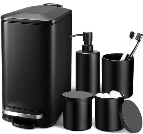 Black Bathroom Accessories Set, 5 Pcs Matte Black Bathroom Accessory Set with Trash Can, Soap Dispenser, Toothbrush Holder, Qtip Holder, Modern Bathroom Sets Complete Decor - size: 4Pcs Bathroom Set + Trash Can