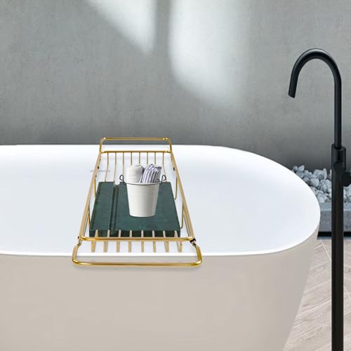 Expandable Bathtub Tray, Stainless Steel Bath Tub Caddy with Marble Base, Adjustable Over Tub Rack with Phone Tablet Holder, Bathtub Organizer (Gold) - color: Gold