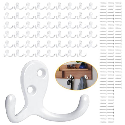 Homanu 54 Pack Coat Hooks, Heavy Duty Double Prong Coat Hooks Wall Mounted with 108 Screws, No Rust White Metal Wall Hooks for Hanging Towel, Coat, Bag, Hat, Cup, Key - color: 54 Pcs White