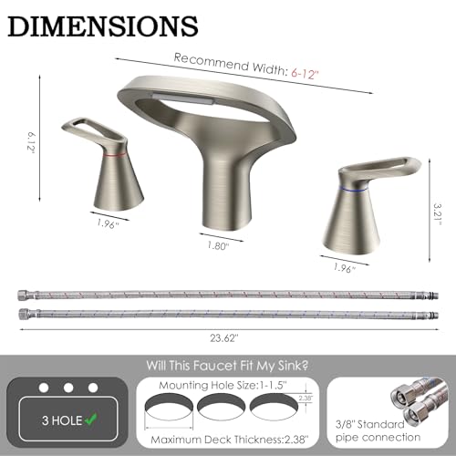 Bathroom Faucets for Sink 3 Hole, Bezeit 8 Inch Brushed Nickel Bathroom Faucet, Solid Brass Widespread Bathroom Faucet with Adjustable Waterfall Spout 2 Handles and 2 Supply Hoses - color: Brushed Nickel, style: Modern