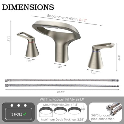 Bathroom Faucets for Sink 3 Hole, Bezeit 8 Inch Brushed Nickel Bathroom Faucet, Solid Brass Widespread Bathroom Faucet with Adjustable Waterfall Spout 2 Handles and 2 Supply Hoses - color: Brushed Nickel, style: Modern
