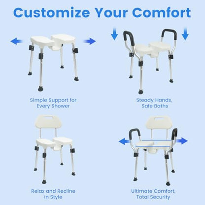 U-Shaped Shower Chair for Inside Shower, 400lbs Max Heavy Duty Triple-Bar Base Reinforcement, with Arm and Back for Elderly and Disabled, Adjustable Height, Effortless Personal Hygiene Access