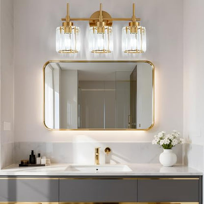 EJIAXIN Bathroom Lighting Fixtures, 3 Light Gold Bathroom Light Fixtures with Clear Shades Modern Crystal Vanity Light Bath Room Vanity Lighting Over Mirror Wall Light - color: Gold 3 Light, size: 3 Light
