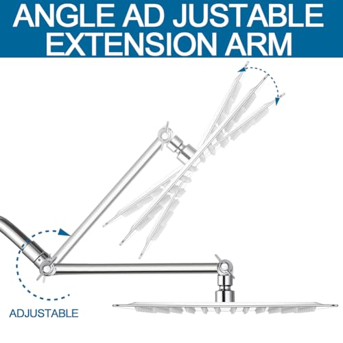 12 Inch Shower Head with Adjustable Extension Arm, Stainless Steel Rainfall Showerhead with Shower Arm Extender, Waterfall fixed Showerheads, Chrome