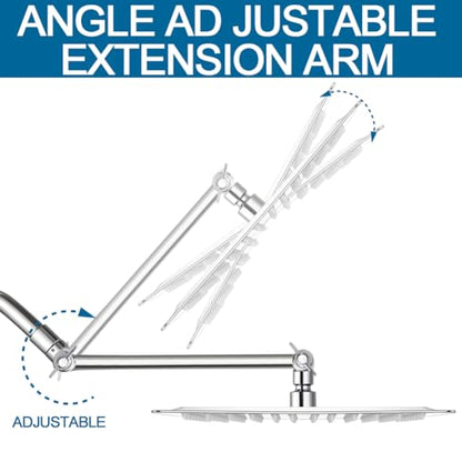 12 Inch Shower Head with Adjustable Extension Arm, Stainless Steel Rainfall Showerhead with Shower Arm Extender, Waterfall fixed Showerheads, Chrome