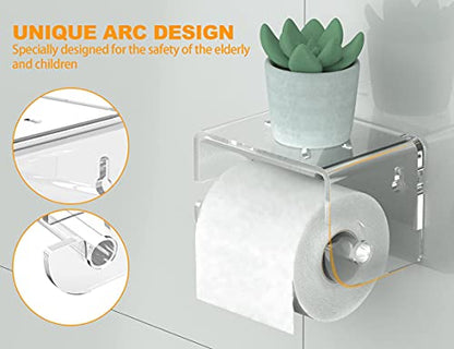 Adhesive Toilet Paper Holder with Shelf, Bathroom Toilet Paper Roll Stand, Wall Mounted Tissue Storage Holder, Acrylic Bathroom Accessories, with 3M Self Adhesive No Drilling (Clear)