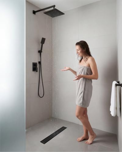 36 Inch Matte Black Linear Shower Drain | CUPC Certified 2-in-1 Tile Insert for Curbless Showers. 304 Steel, 15.8GPM Flow. Includes Hair Catcher & Adjustable Feet. - color: Matte Black, size: 36in