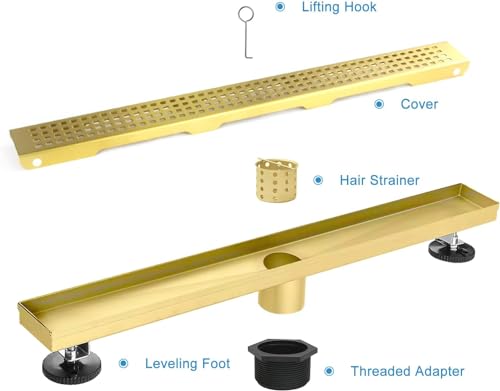 18 inch Linear Shower Drain Brushed Gold with Grate Removable | Square Hole Panel,AISI 304 Stainless Steel Fast Drainage Rectangle Hidden Shower Trench,Detachable Hair Catcher,Leveling Feet - color: Gold, size: 18 inch+No Base