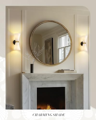 Wall Sconces Set of Two, HWH 14.3 Inch Black and Gold Bathroom Sconces with Frosted Milk White Striped Glass, Up Down Modern Wall Light fixtures for Living Room Bedroom, 5HZG97B-2W-2PK BK+BG - color: Black and Gold, size: 2-Light*2