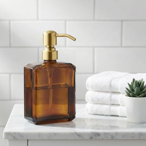 KEMINO Amber Soap Dispenser Square Bottle and Gold Pump, Glass Dish Soap Dispense, Refillable Hand Soap Dispenser with Stainless Steel Pump, 13.5 oz Lotion Dispenser for Bathroom, Kitchen Countertop - color: Amber Bottle With Brushed Gold Pump, size: 13.5