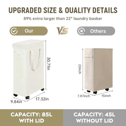 85L Laundry Hamper with Wheels, Lid, Handles & Collapsible, Slim Tall Rolling Laundry Basket for Small Spaces, Foldable Dirty Clothes Organizer for Bedroom, Dorm, Laundry Room, Bathroom,Beige
