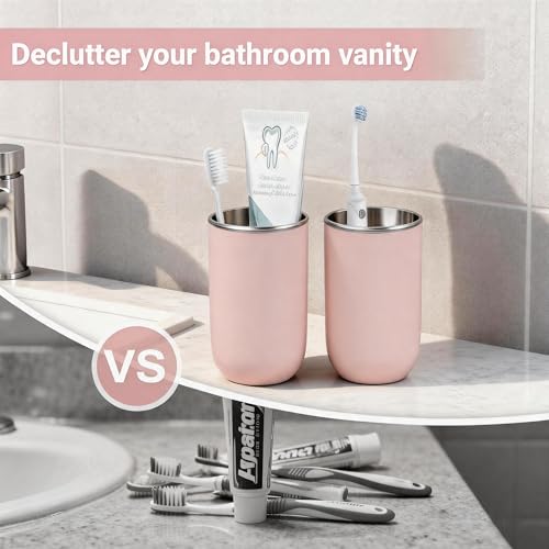 Unbreakable Stainless Steel Toothbrush Holder Tumbler Cup for Bathroom 13oz | Reusable Kids Bathroom Tumbler Cup & Tooth Brush Holder, Countertop Toothpaste Organizer Storage Set, Pink 2 Pack - color: Pink
