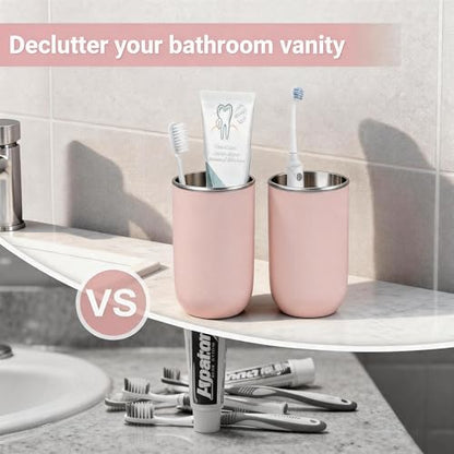 Unbreakable Stainless Steel Toothbrush Holder Tumbler Cup for Bathroom 13oz | Reusable Kids Bathroom Tumbler Cup & Tooth Brush Holder, Countertop Toothpaste Organizer Storage Set, Pink 2 Pack - color: Pink