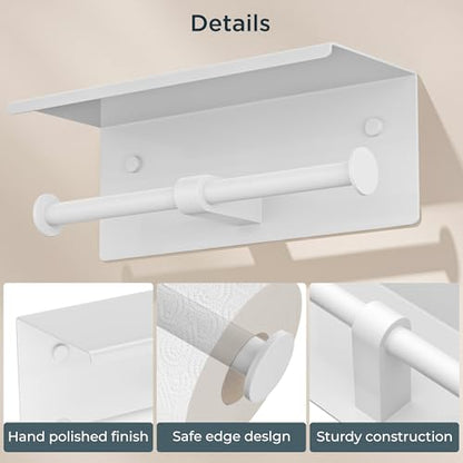 FORIOUS Toilet Paper Holder with Shelf, Commercial Toilet Paper Dispensers | White | Wall Mount Bathroom Tissue Holder | SUS304 Stainless Steel Rustproof | Double Tissue Roll Holder - color: White