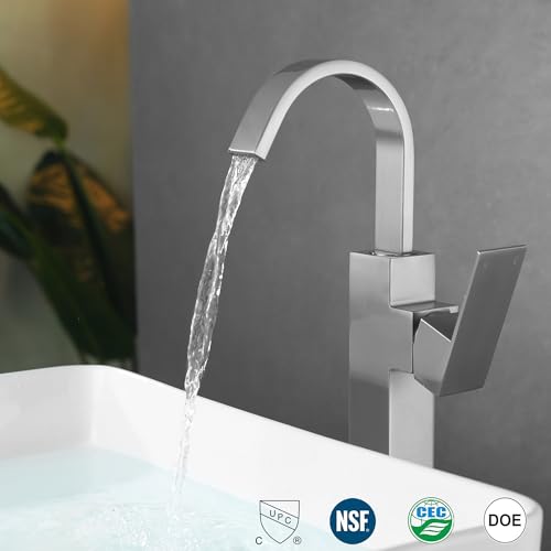 Brushed Nickel Single Handle Tall Bathroom Faucet，Vessel Sink Faucet Waterfall Bathroom Faucet Single Hole Lavatory Vanity Tap Single Hole Bar Sink Faucet with Pop Up Drain and Supply Lines,SL50044BN - color: Brushed Nickel, size: Tall