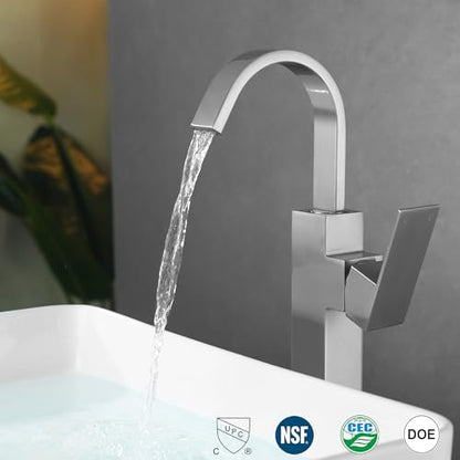 Brushed Nickel Single Handle Tall Bathroom Faucet，Vessel Sink Faucet Waterfall Bathroom Faucet Single Hole Lavatory Vanity Tap Single Hole Bar Sink Faucet with Pop Up Drain and Supply Lines,SL50044BN - color: Brushed Nickel, size: Tall