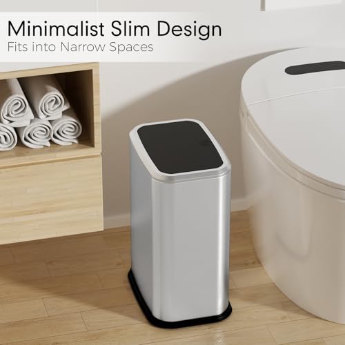 Bathroom Trash Can with Lid, 8L/2.1 Gallon Silver Trash Can Small Garbage Can with Press Top Lid Slim Stainless Steel Garbage Can with 100 Counts Trash Bags for Bathroom Bedroom Kitchen Office Toilet - color: Silver, size: Press-Top Trash Can